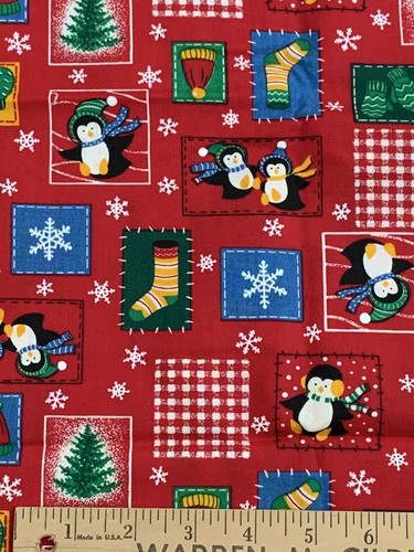 Vintage 1990s Christmas Fabric Cotton Penguins Presents stockings Snowflakes - Bild 1 von 5