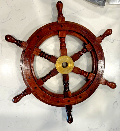 Nautical Boat Ship Wood And Brass Steering Wheel Wall Hanging 15 1/4" In Dia. - Picture 3 of 10