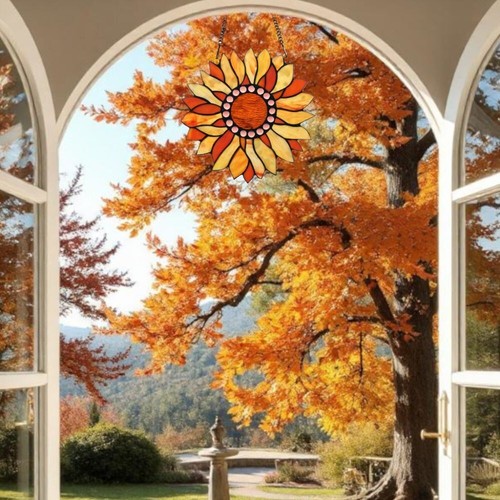 Orange Sunflower Design Stained Glass Window Panel Suncatcher Round 12in - Picture 6 of 6