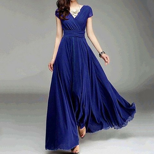 Womens V-Neck Short Sleeve Chiffon Evening Party Dress Ladies Maxi Long Sundress - Picture 8 of 12