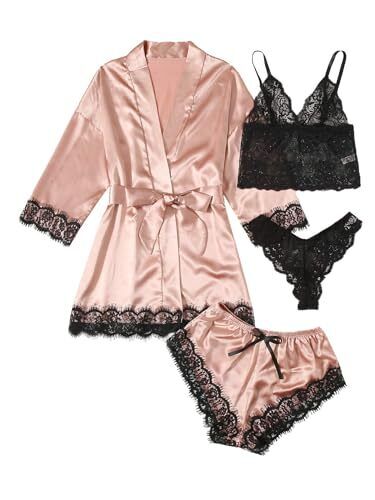 Women' Silk Satin Pajamas Set 4pcs Lingerie Floral Lace Cami Small Baby Pink - Picture 2 of 7