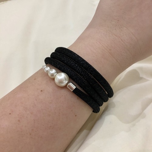 Gift. Handmade Black Shinny Nylon Mesh Tubing Bracelet, White Pearl - Jewellery - Picture 5 of 7