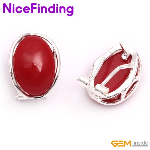 Pendientes de tachuelas dorsales omega de piedra ovalada de plata con clip para mujeres moda joyería regalo - Imagen 28 de 42