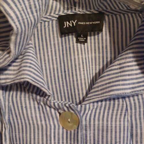 Women’s Jones & Co. Size Large L Hooded Jacket Blue & White Stripe Tunic Pocket - Picture 4 of 13