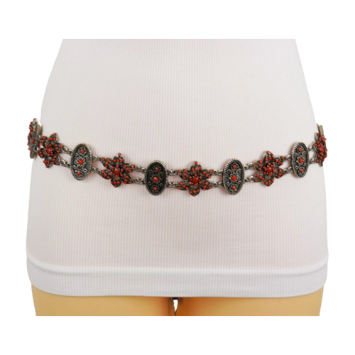Women Rustic Silver Metal Beige Ethnic Tie Wrap Belt Red Beads Flower Charm S M - Picture 6 of 24