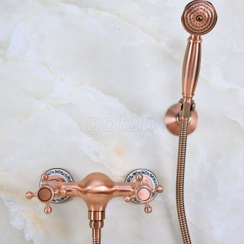 Red Copper Antique Dual Cross Handle Bath Shower Mixer Tap w /Hand Spray Gna294 - Picture 4 of 7