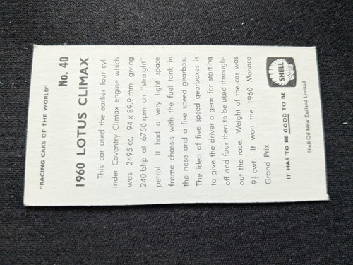 1970 Shell Racing Cars of the World Card # 40 1960 Lotus Climax (EX) - Picture 2 of 3