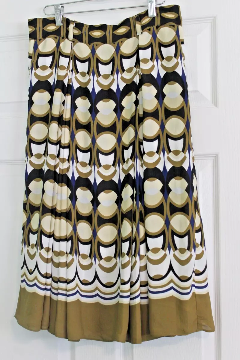 H M Gold Cream Blue Black Geometric Pattern Lined Pleated Midi