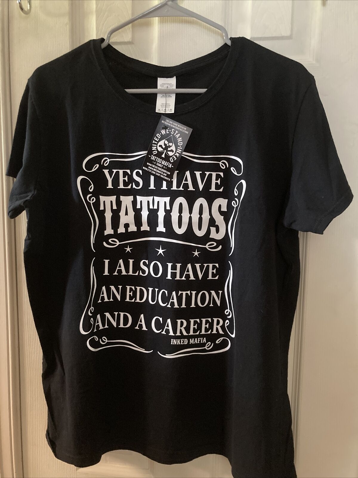 WOMENS BLACK SS T SHIRT “YES I HAVE TATTOOS, (also an education/career)” SZ  XL | eBay