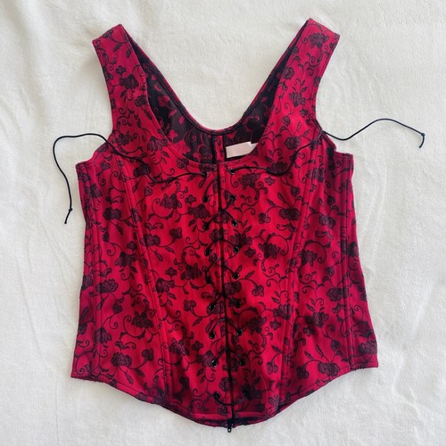 Y2K Victoria’s Secret top cami corsetto gotico raso rosso ricamato rosso seta L - Foto 8 di 9