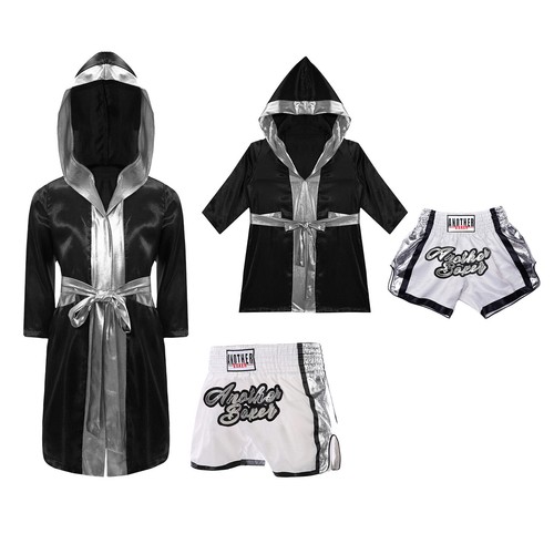 Boys Girls Boxing Costume Shiny Satin Belted Robe Hooded Cloak with Shorts Set - Picture 29 of 31