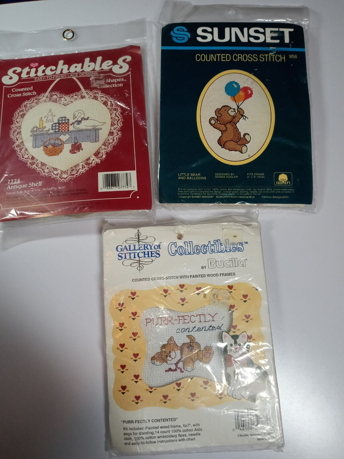 Set of 3 Counted Cross Stitch Kits- Cat/Bear/Duck-NEW