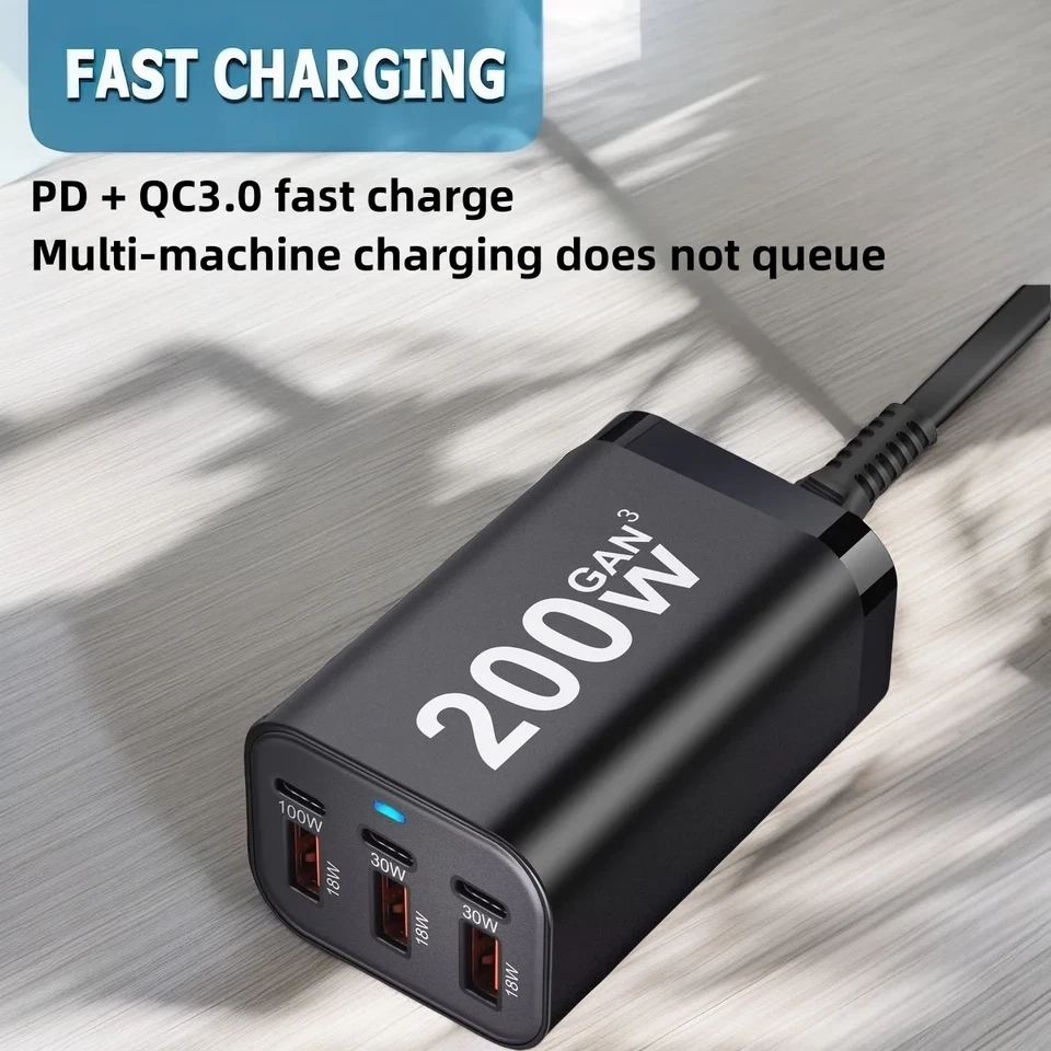 200W GaN 6 Port 100W/30W/18W USB A /Type C Fast Charging Charger Dock Station - image 2 of 4