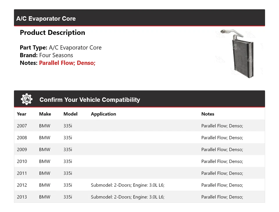 Núcleo evaporador aire acondicionado BMW 335i 2007-2013 4 estaciones 2008 2009 2010 2011 2012 Foto 2 de 4