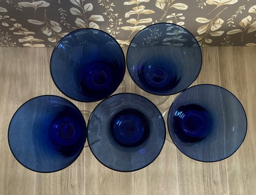 Vintage Long Cobalt Blue With Clear Stem Hand Blown Tulip Wine Glass Set Of 5 - Picture 7 of 12