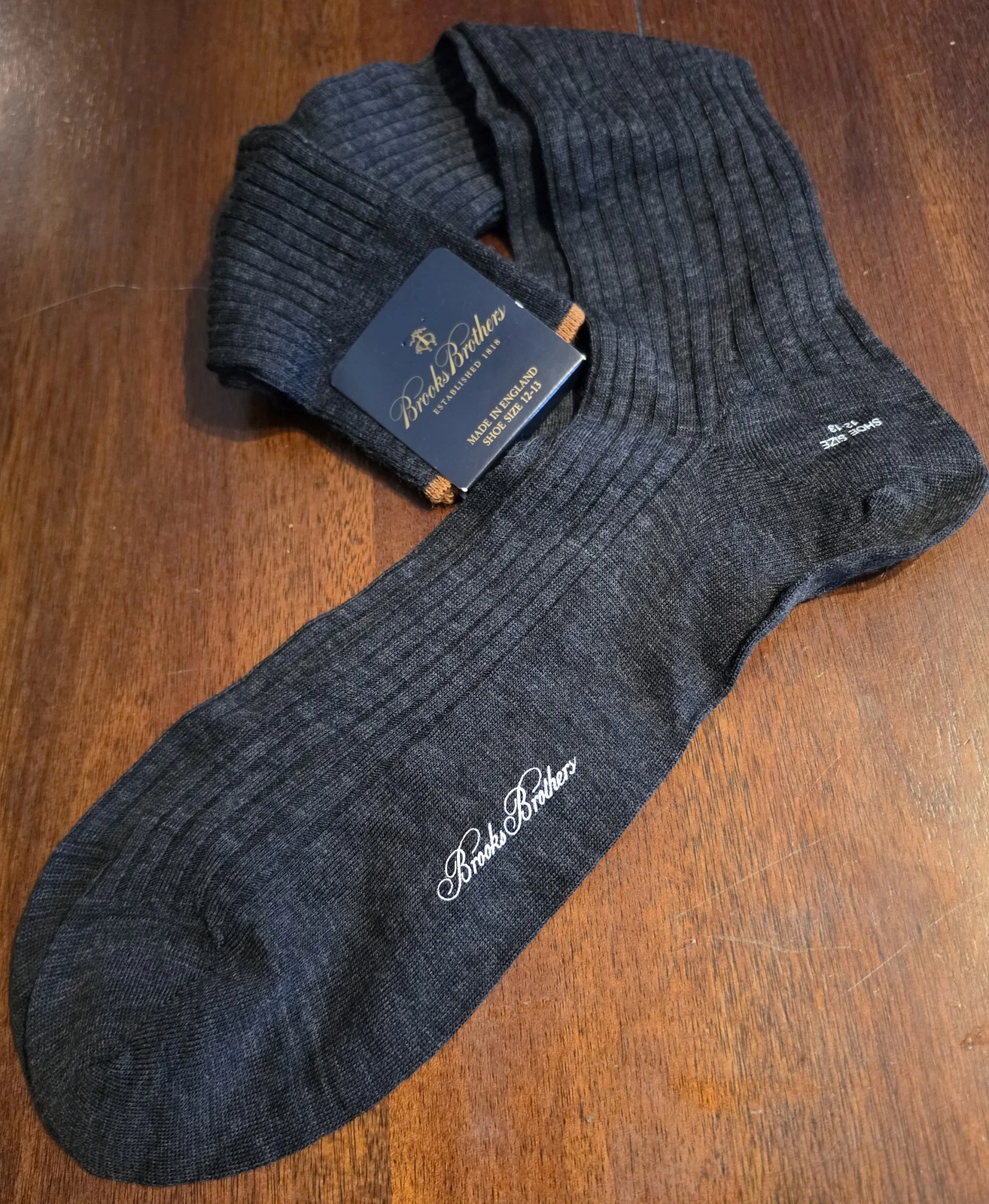 NWT Brooks Brothers Men's Long Socks Size 12-13 Gray Merino Wool Ribbed