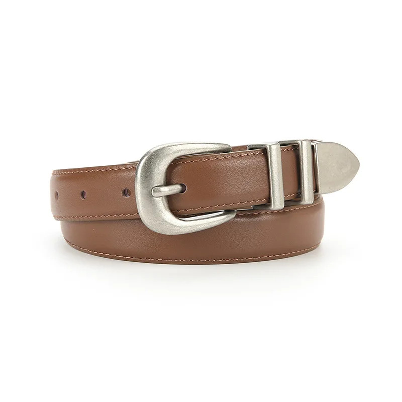 Genuine Leather Metal Buckle Belt Women Double Loop Waist Belts Jeans Dress