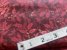 CHRISTMAS HOLLY WITH GOLD BERRIES DEEP RED GLITTER COTTON FABRIC (BTY)