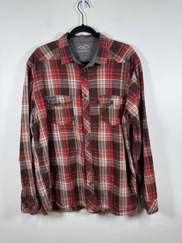 KAVU Button Up Shirt Men's Large Orange Red Flannel Plaid Outdoor Hiking 643 - Picture 1 of 5