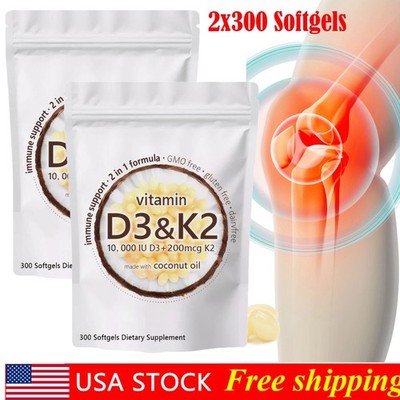 Pack Of 2 Vitamin D3 10000 iu Plus K2 200 mcg, 300 Virgin Coconut Oil Softgels