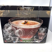 Vintage Anchor Hocking Wexford 18 Pc Punch Bowl Set w/ Box Appears Unused