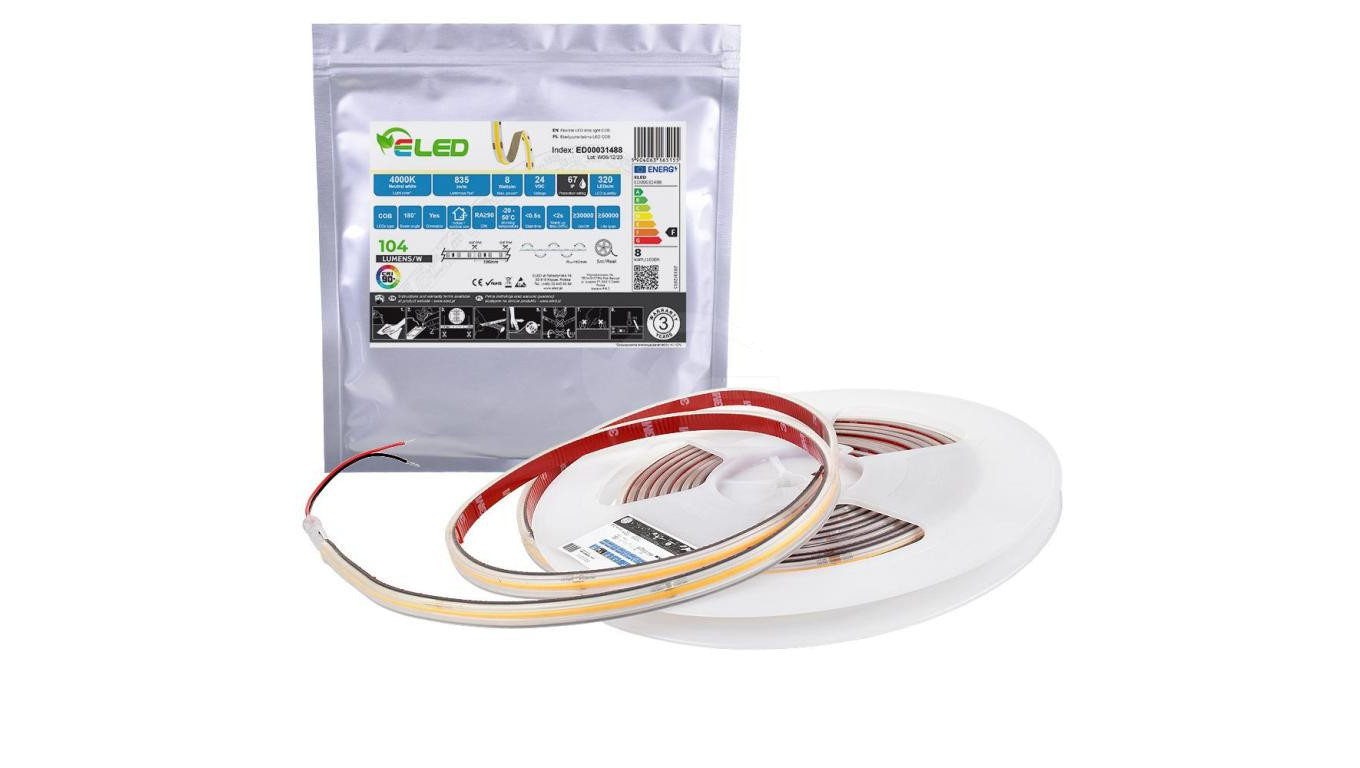 Taśma LED COB 320 чипов 24V 8W 104lm/W нейтральный 4000K CRI90 + герметичный IP67 -