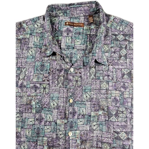 Tori Richard Hemd Herren 2XL 💯 Baumwolle Rasen Lila Grün Hawaii Blumen Geometrisch