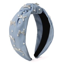 Blue Bow Pearl Knotted Headbands Wide Non Slip Fashion Hairbands For Women