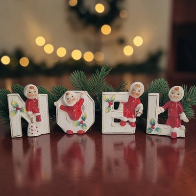 VTG 1950s Lipper Mann NOEL Candle Holders Christmas Pixie Elf Kids Set 4 Japan