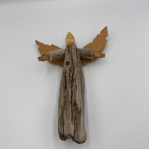 Larry Jacquez signierter handgeschnitzter Holzengel Santo Figur Volkskunst 11 Zoll