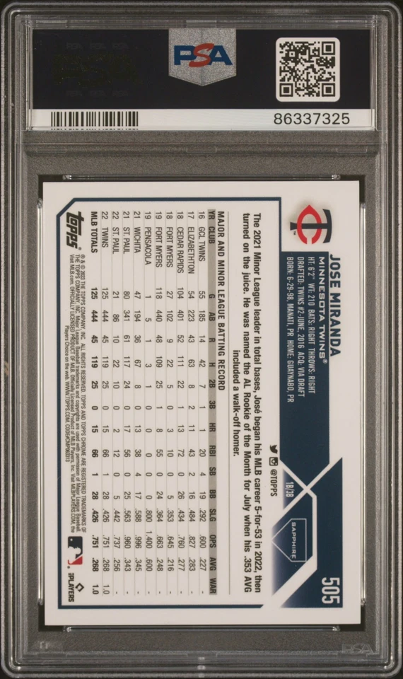 2023 Topps Chrome Sapphire Jose Miranda Future Stars GOLD PSA 10 - Image 2 of 2