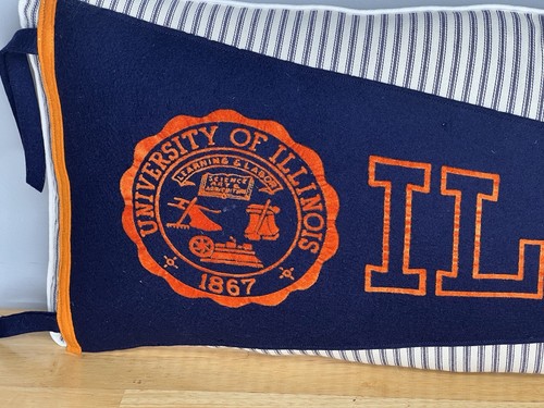 VTG Felt Pennant University of Illinois Illini Pillow Blue Ticking Stripe Lumber - Picture 2 of 24