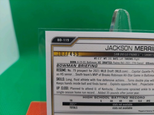 Bowman Draft Jackson Merrill 2021 primera RC #BD-119 azul cielo 303/499 - Imagen 3 de 6