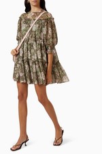 Ted Baker Bunnoo Green, Pink, & Brown Floral Tiered Boho Dress, Size XS (0)