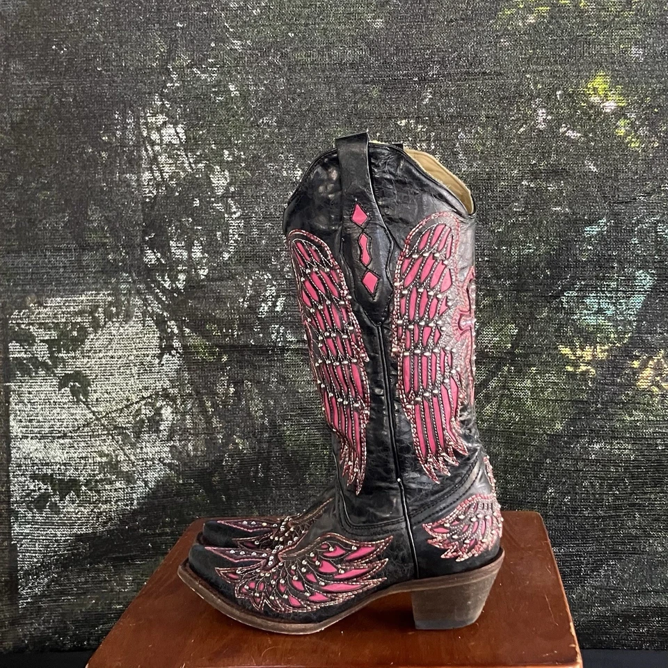 Corral Women’s Black Leather Cowboy Boots Sz 6 Pink Wing Cross Studs - Image 3 of 4