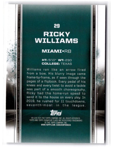 2024 Topps Signature Class #29 Ricky Williams Miami Dolphins - Bild 2 von 2