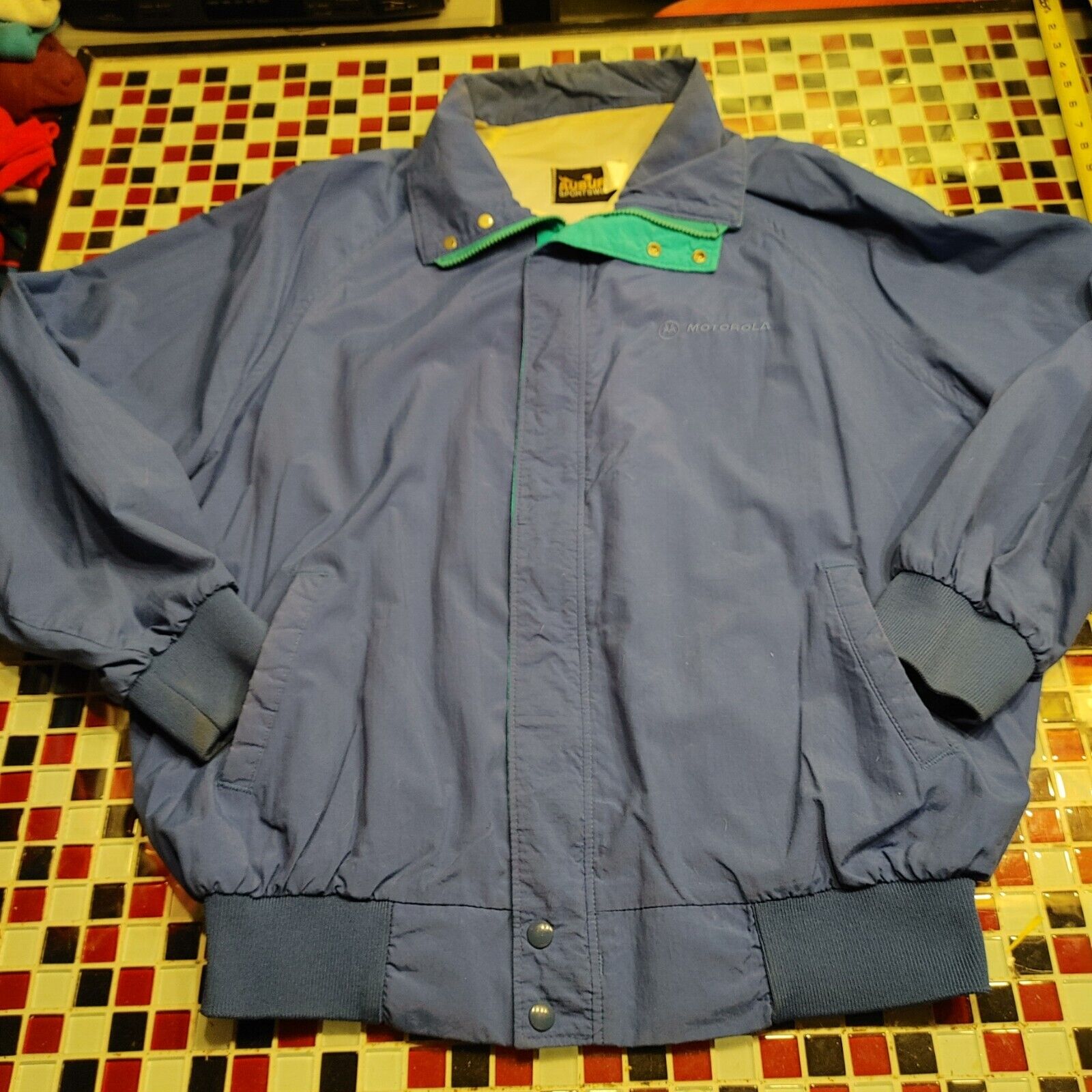 Vtg Auburn Sportswear MOTOROLA Blue Zip Up Jacket… - image 1