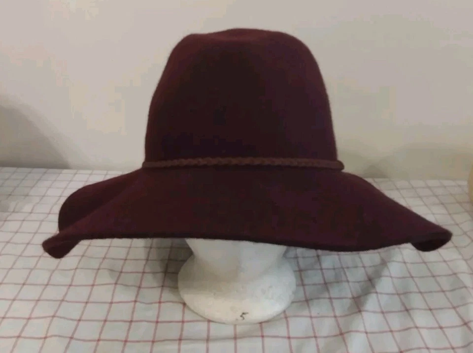"Sombrero 100 % lana rojo ala ancha 3,75"" banda marrón fieltro para mujer apertura interior 7,75""" Foto 2 de 4