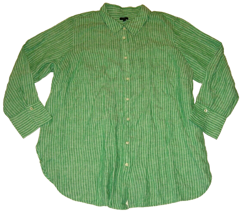 TALBOTS 100% Linen Boyfriend Shirt Tunic Button Front Green Firefly Stripe 3X - Picture 5 of 5