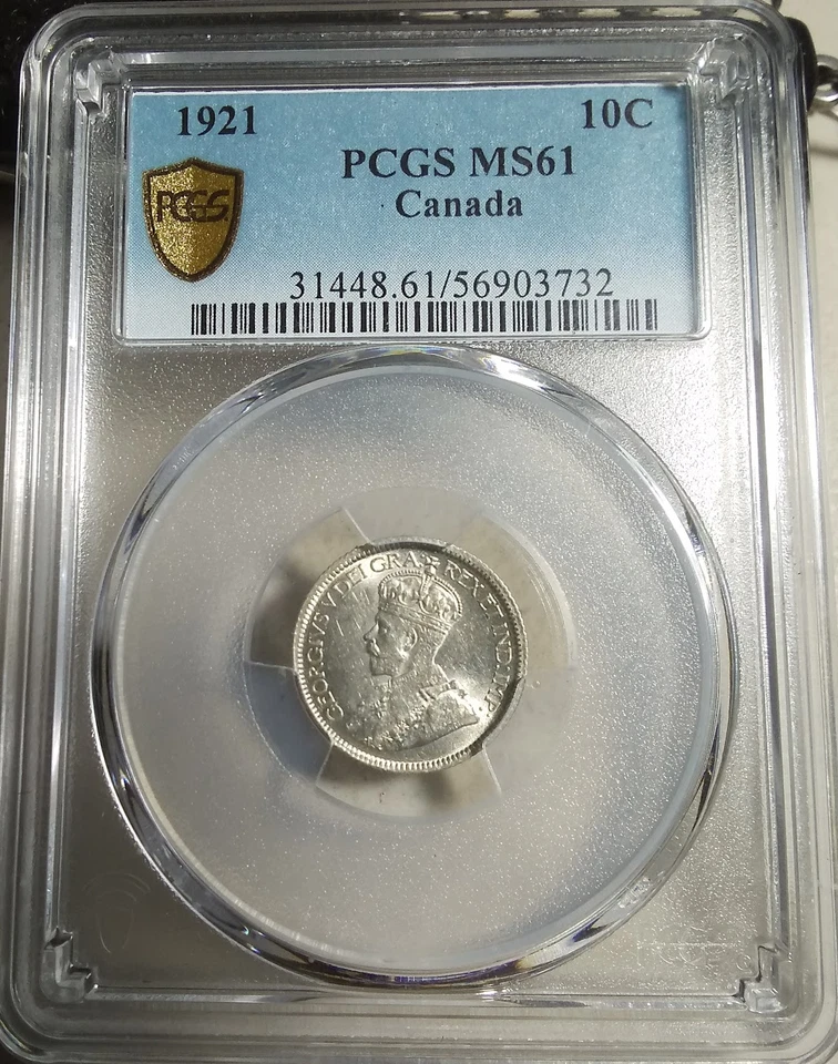 :1921 S10C DIME GEORGE-V CANADA BLAST WHITE PCGS MS61 RARITY R5 HIGHEST GRADES - Image 2 of 3