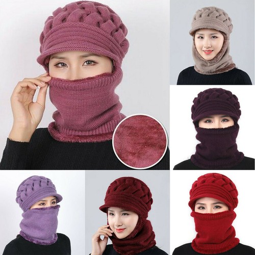 Women Bib Beanie Hat Pom Bobble Scarf Mask Set Knitted Winter Warm Snow Ski Cap - Picture 12 of 14