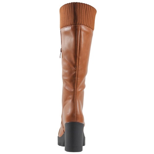 SOBEYO Knee High Boots Combat Lace Up Chunky Heel Knitted Cuff Side Zip Brown PU - 第 5/8 張圖片
