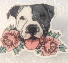Pitbull Pit Bull Gray Blue & White with Roses Flat Acrylic Pin Tie Tac Jewelry