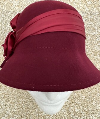Sakkas Burgundy Wool Cloche Bucket Hat w/ Flower OS