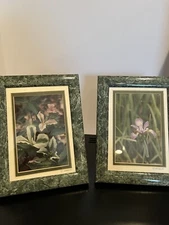 set of 2 spring flowers framed & matted photos, iris/trillium 6.5” x 8.5” signed
