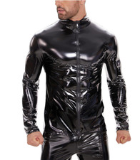 Herren Langarmshirt Glanz Lack Leder Slim Fit T-Shirt Hemd mit Reißverschluss DE