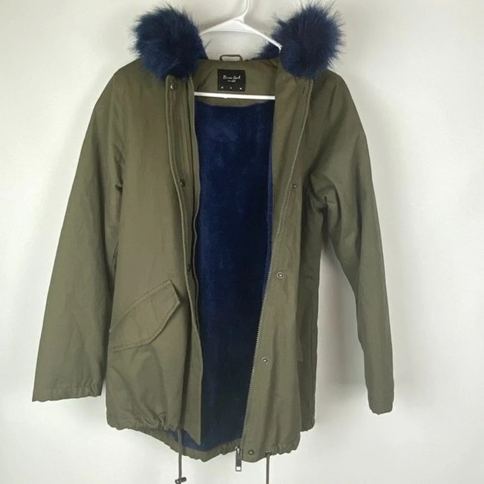 Jaqueta Brave Soul Parka Feminina Extra Pequena Verde Oliva Azul Com Capuz Pele Sintética - Imagem 3 de 4