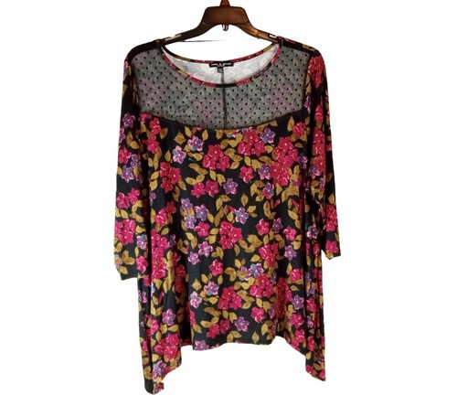 Cable & Gauge Women Blouse Multicolor Floral Half Sleeve Top Asymmetrical Hem 2X
