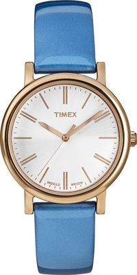 TIMEX INDIGLO LIGHT,GOLD TONE,SHINY BLUE LEATHER BAND,ROUND DIAL