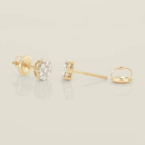 Aretes con flores redondas de diamantes reales de oro macizo de 14K lóbulo diamante natural - Imagen 2 de 7